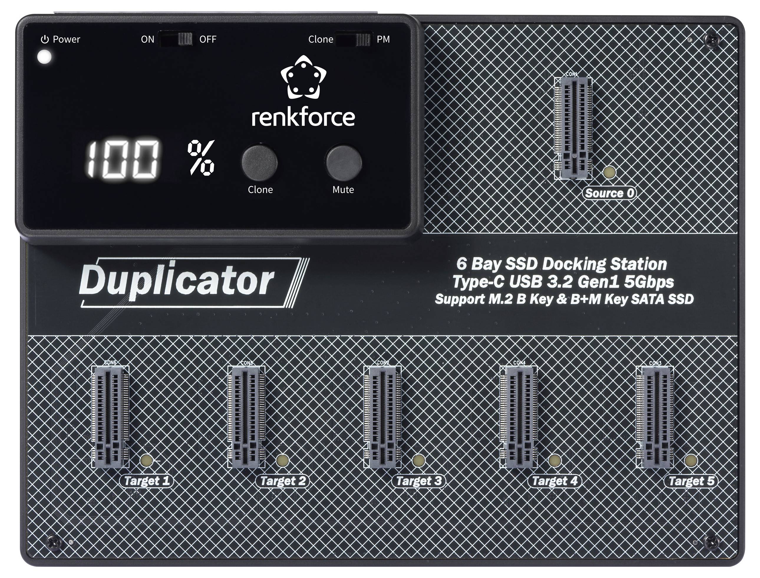 '6 Bay SSD Docking Station' für SSD-Duplizierung mit USB Type-C Anschluss. Anzeige zeigt '100%'. Sechs Steckplätze vorhanden.