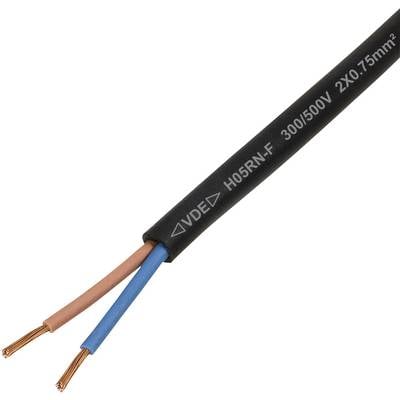 Ein schwarzes Elektrokabel mit zwei freigelegten Kupferdrähten, einer blau und einer braun, gekennzeichnet mit 'H05RN-F 300/500V 2x0,75mm²'.