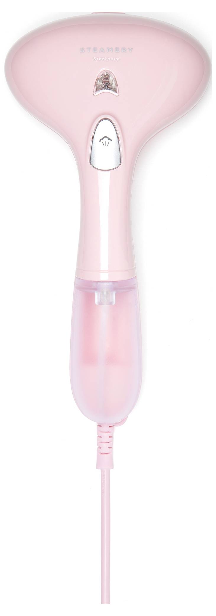 Ein rosa Hand-Dampfgerät mit Kabel, ergonomisch geformt, für das Glätten von Kleidung durch Dampf.