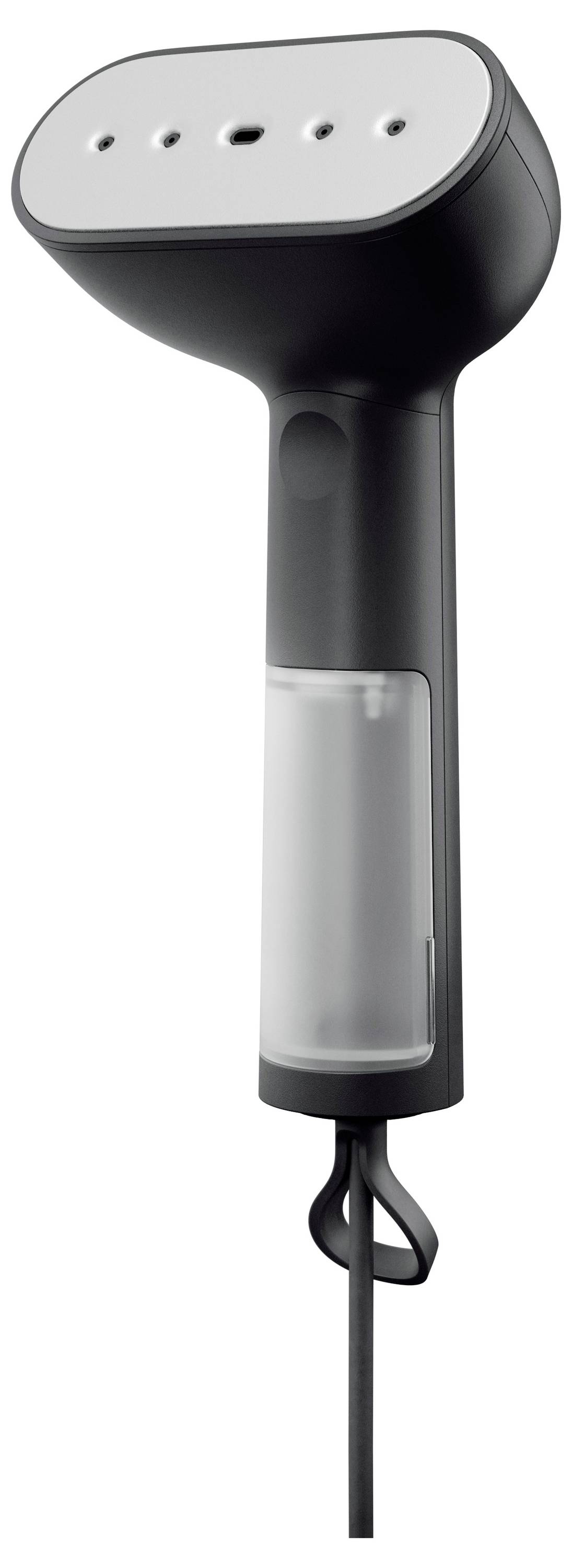 Handheld-Dampfbürste mit schwarzem Griff und transparentem Wassertank, geeignet zum Glätten von Kleidung.