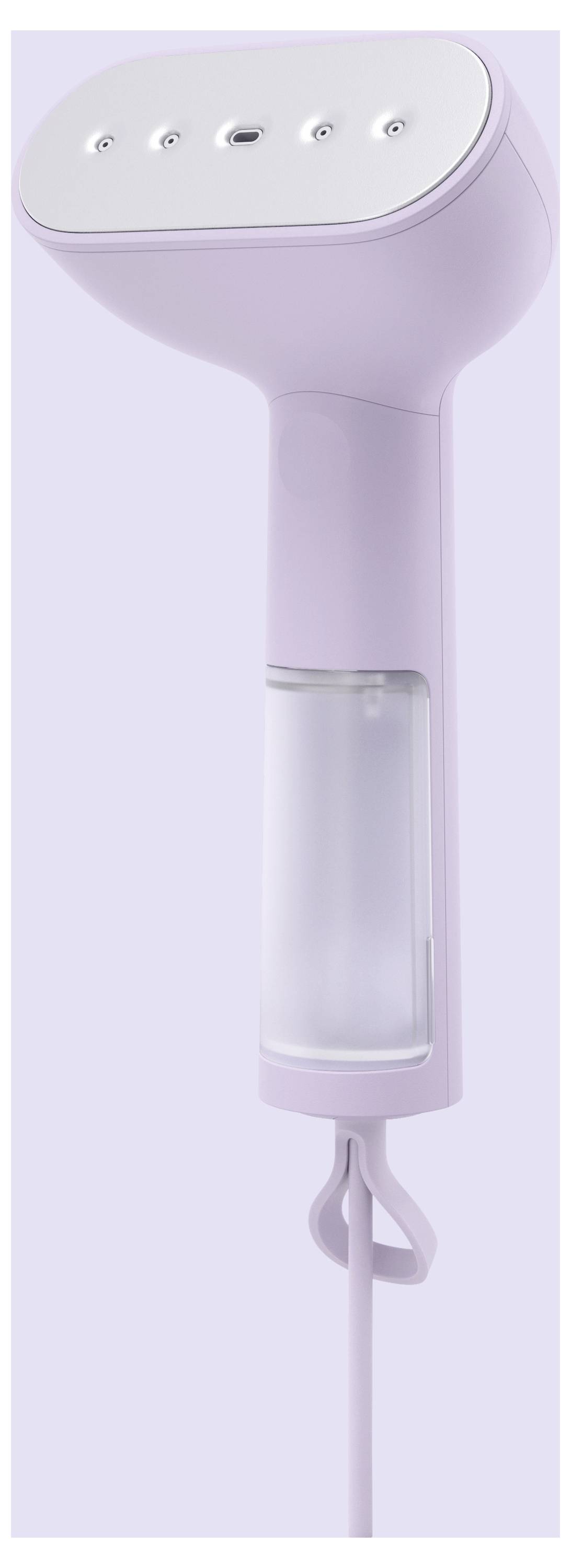 Dampfbügeleisen in hellem Fliederfarbton, seitliche Ansicht. Enthält einen transparenten Wassertank und ein Stromkabel.