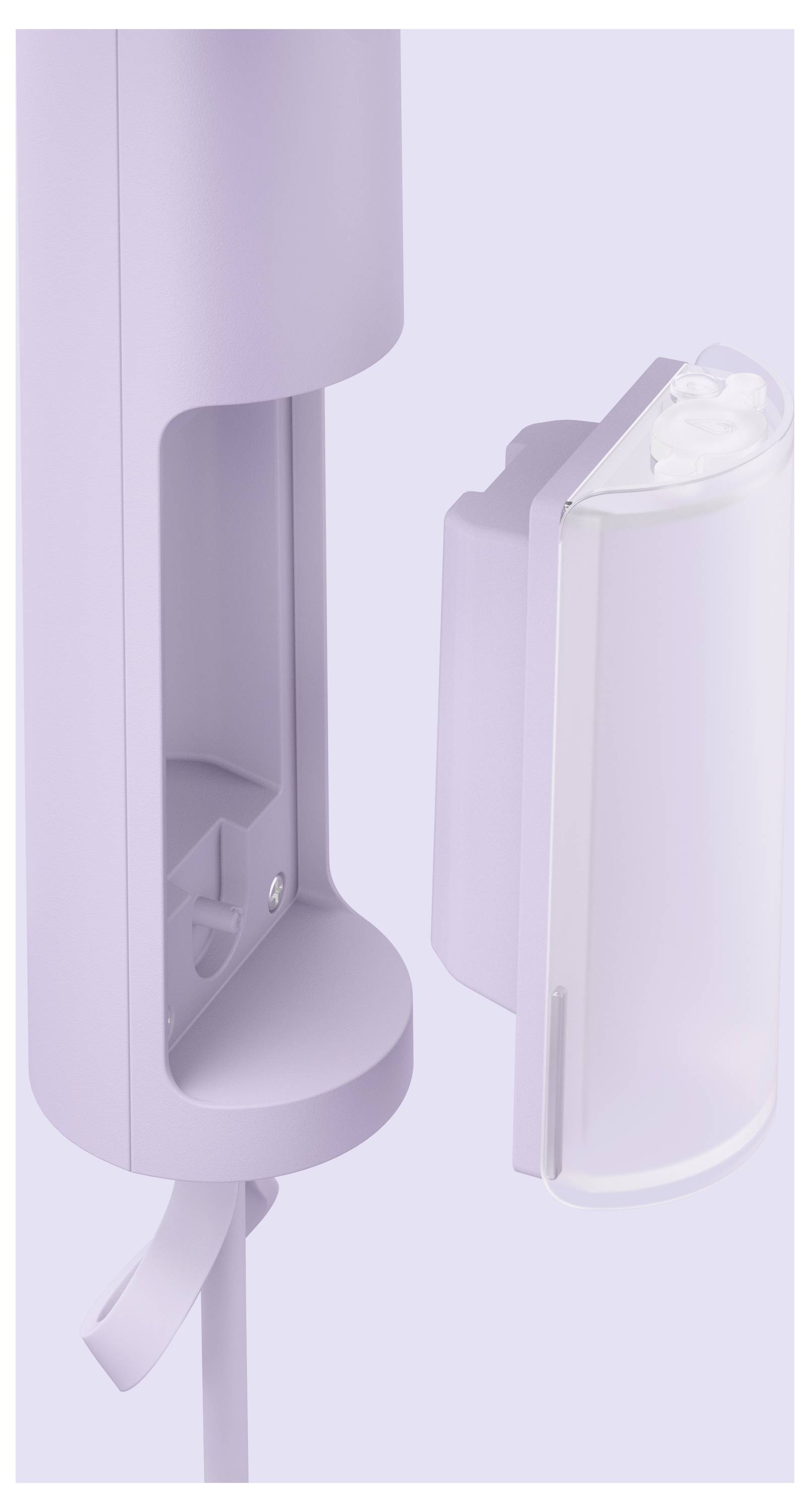 Lila Haartrocknerhalterung an der Wand, offen mit detaillierter Ansicht des Fachs und der Halterung.