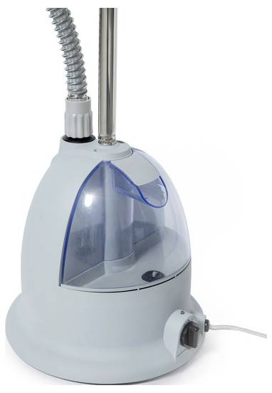 Ein weißer Dampfinhalator mit durchsichtigem Wasserbehälter und flexiblem Schlauch. Gerät zur Hautpflege oder Luftbefeuchtung.