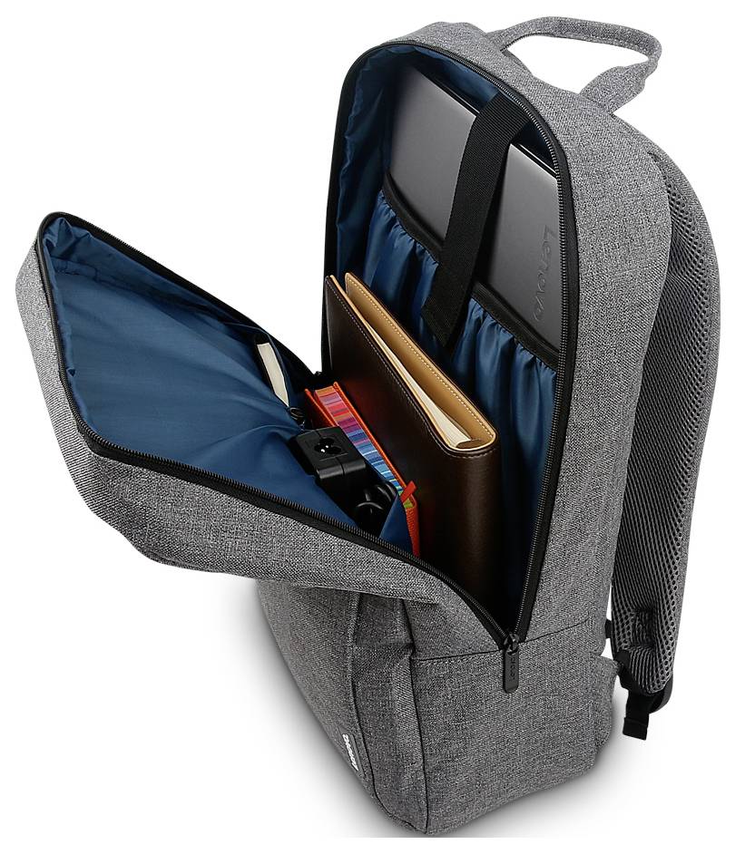 Ein grauer Rucksack mit geöffnetem Reißverschluss zeigt ein gut organisiertes Innenfach mit Laptop, Notizbuch und Stiften.