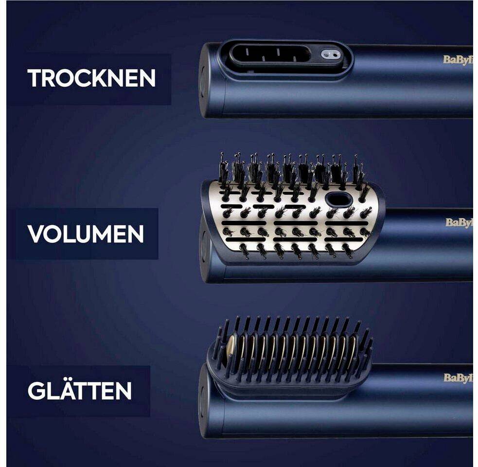 Ein Styling-Gerät mit drei Aufsätzen: Einer für Föhnen, einer für Volumen, einer zum Glätten. Beschriftungen: 'Trocknen', 'Volumen', 'Glätten'.