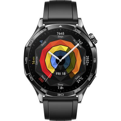 Eine Smartwatch mit schwarzem Armband zeigt Datum 'FRI 18', Schritte '7645', Herzfrequenz '142', Kalorien '280k' und Schlafdauer '7.8h'.