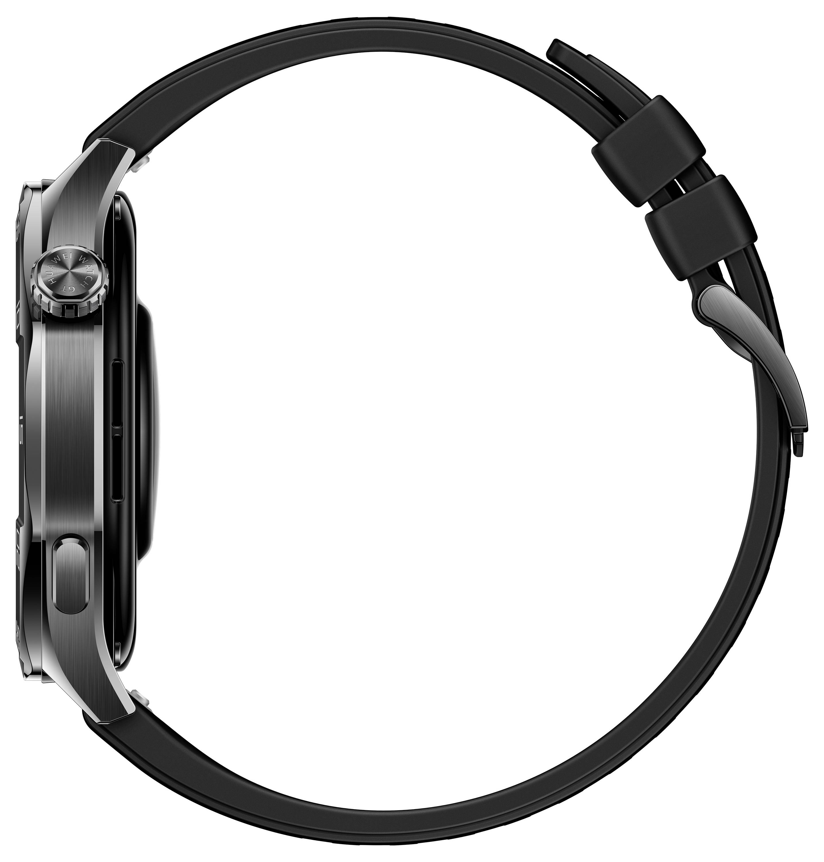 Schwarze Smartwatch mit rundem Gehäuse und seitlicher Kroneansicht. Dünnes, schwarzes Armband mit Dornschließe sichtbar.