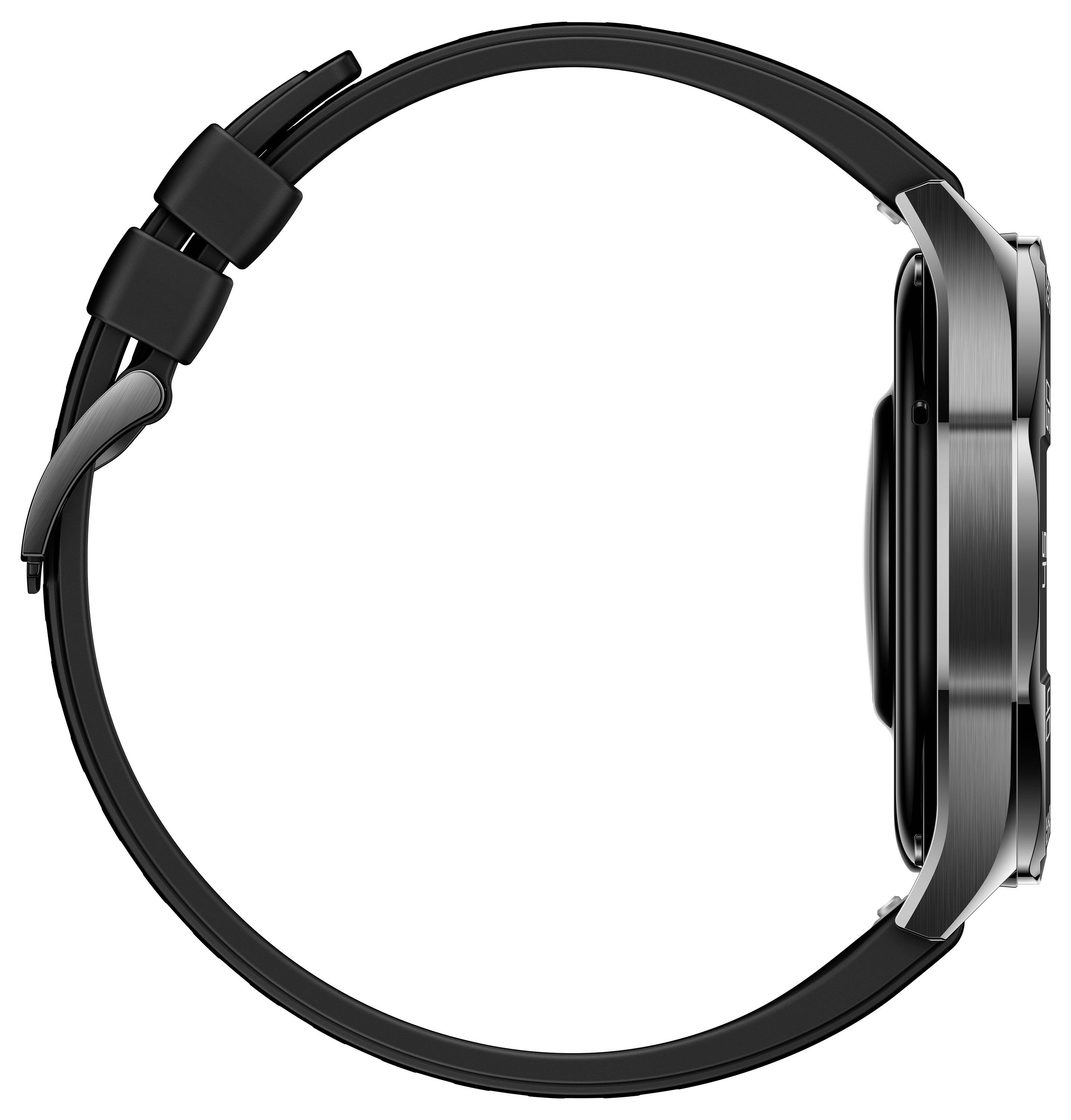 Smartwatch in Seitenansicht mit schwarzem Armband und metallischem Gehäuse. Minimalistisches Design ohne sichtbare Knöpfe.