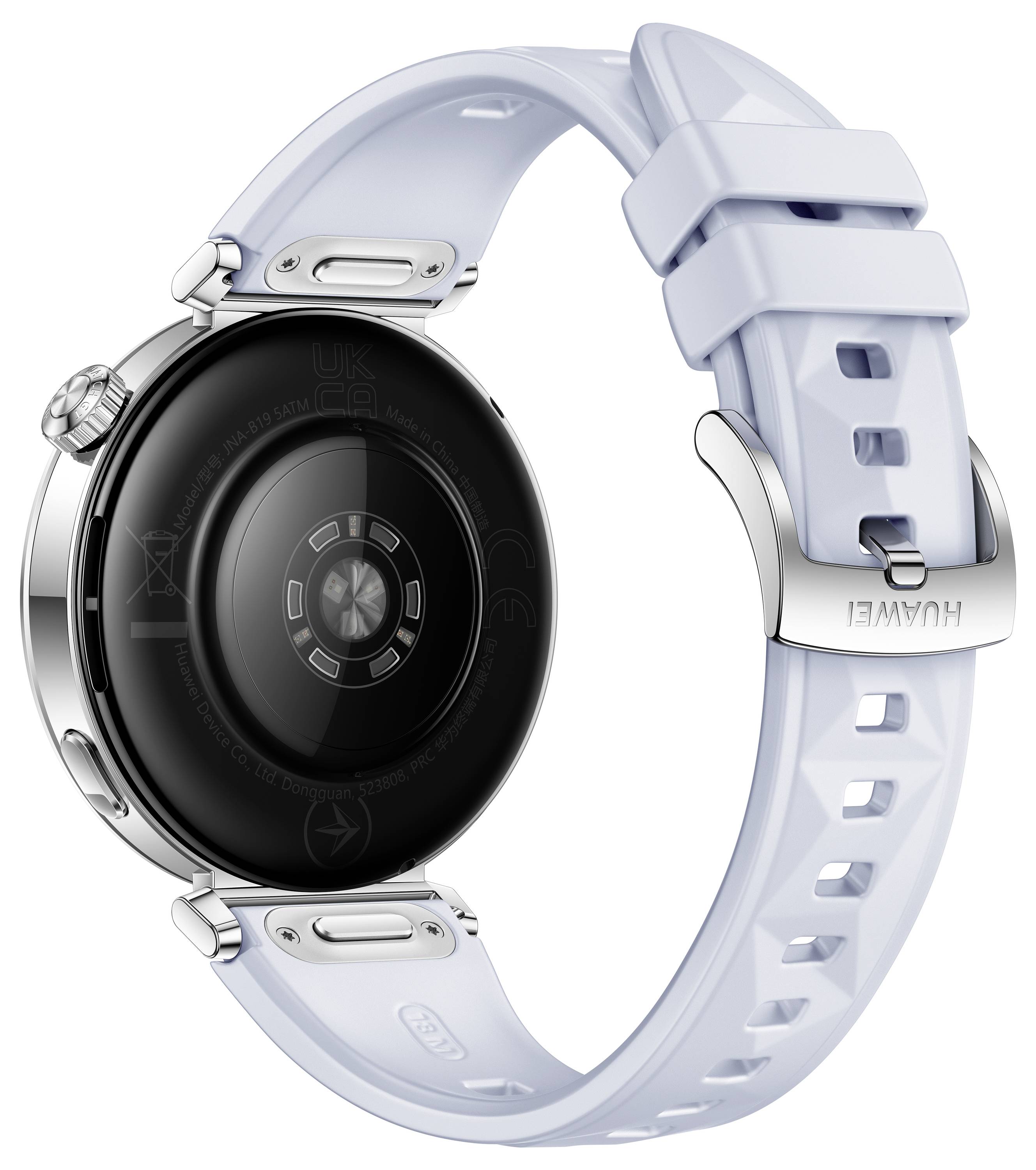 Eine runde, silberne Smartwatch mit einem weißen Armband, rückseitig sichtbar. Sie hat ein schlichtes, modernes Design.
