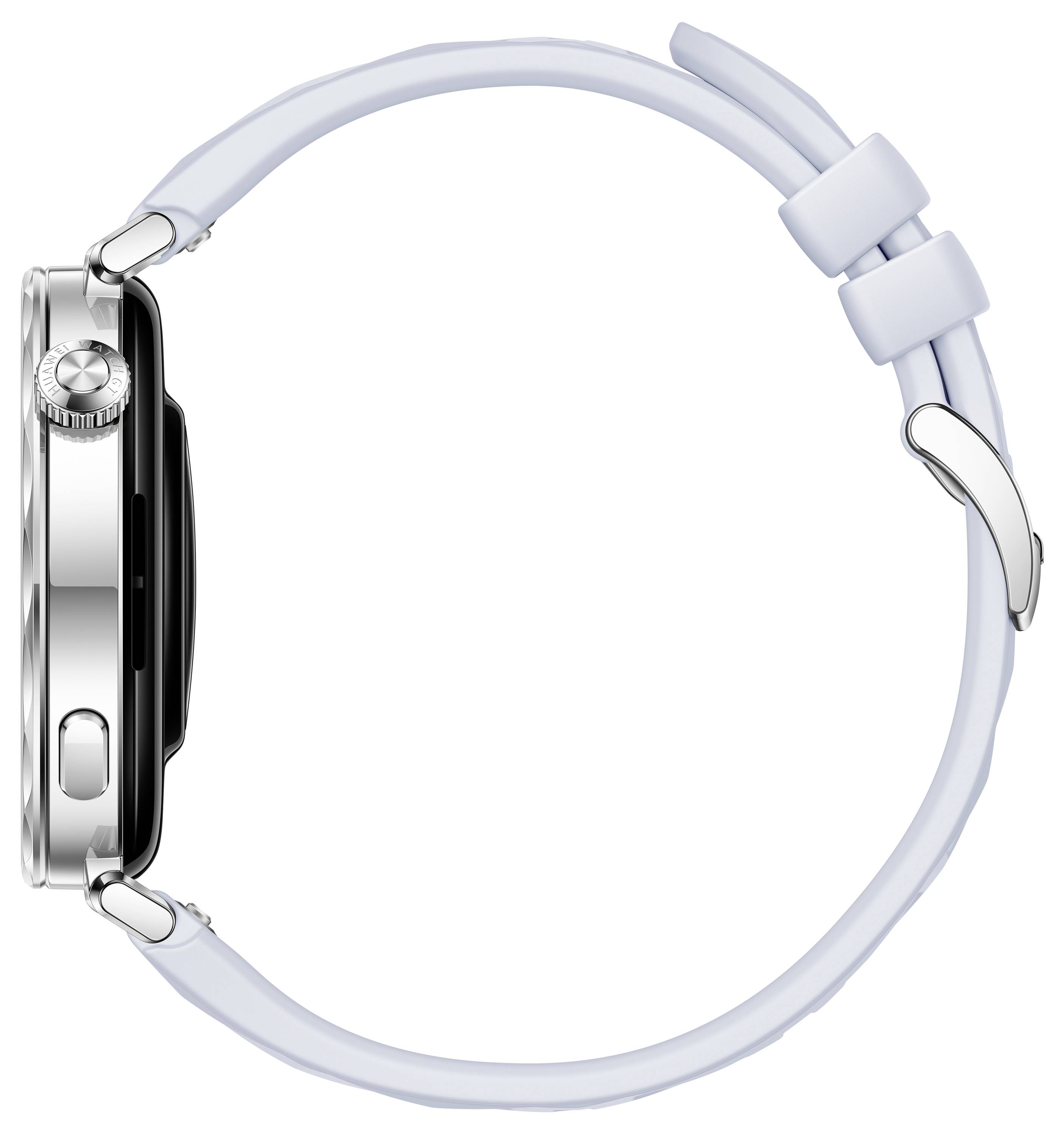 Seitenansicht einer modernen Smartwatch mit rundem Zifferblatt und weißem Armband. Das Design betont die schlanke Form des Geräts.
