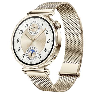 Goldene Armbanduhr mit rundem Zifferblatt und Datumsanzeige. Zeigt Wochentag und Mondphase. Elegantes Design mit Metallarmband.