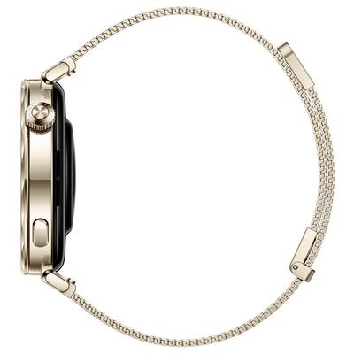 Smartwatch mit goldfarbenem Gehäuse und geflochtenem Metallarmband, seitliche Ansicht.