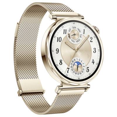 Goldene Armbanduhr mit Datumsanzeige und Mondphasen. Elegant mit einem feinen Mesh-Armband gestaltet.