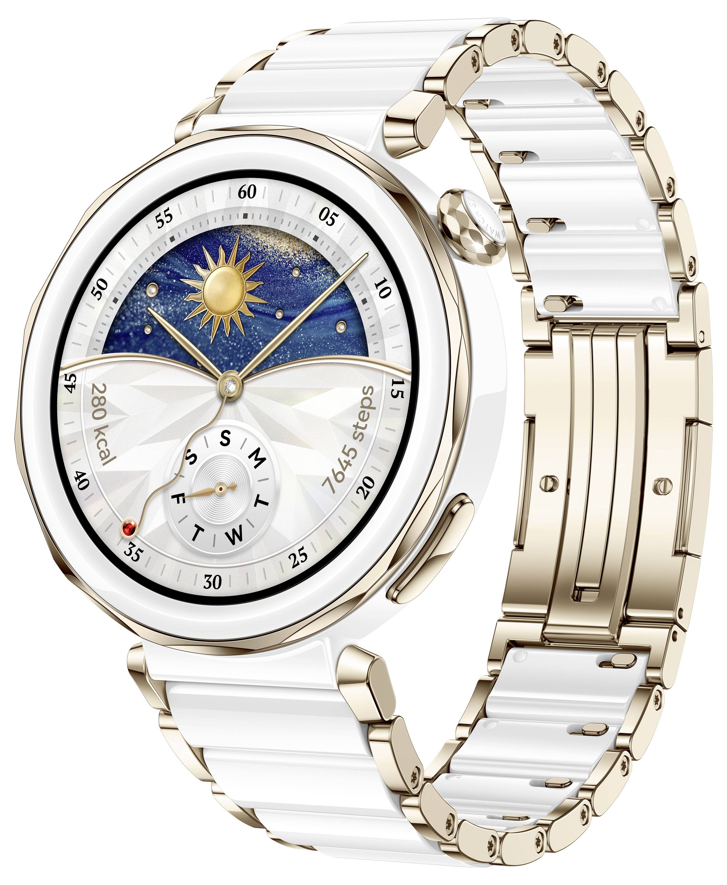 Eine luxuriöse Smartwatch mit gold-weißem Armband. Das Ziffernblatt zeigt einen Sonnen-Mond-Himmel und Schritte sowie Kalorien an.