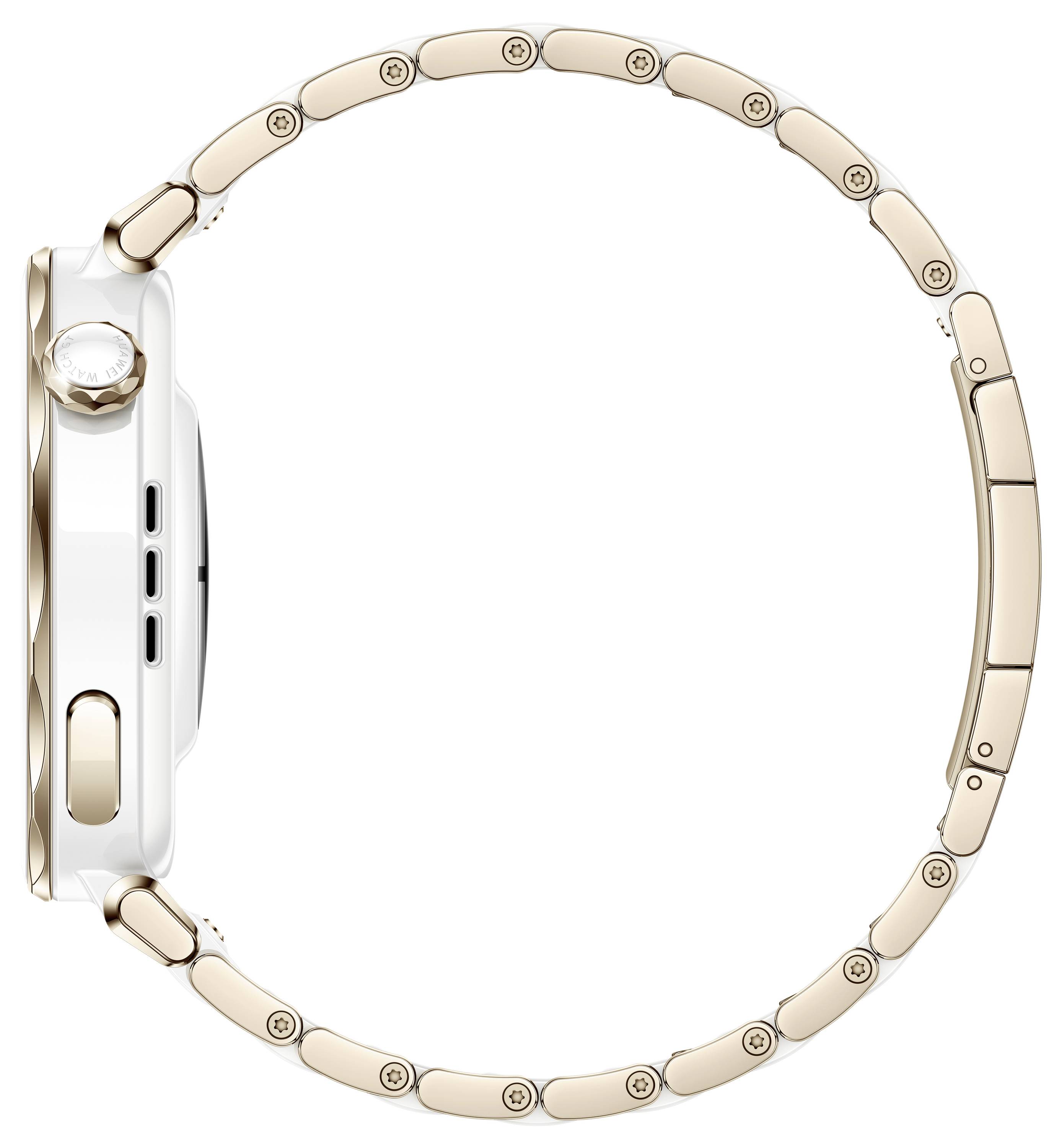 Goldene Smartwatch aus der Seitenansicht, zeigt das Design des Uhrengehäuses und Armbands.