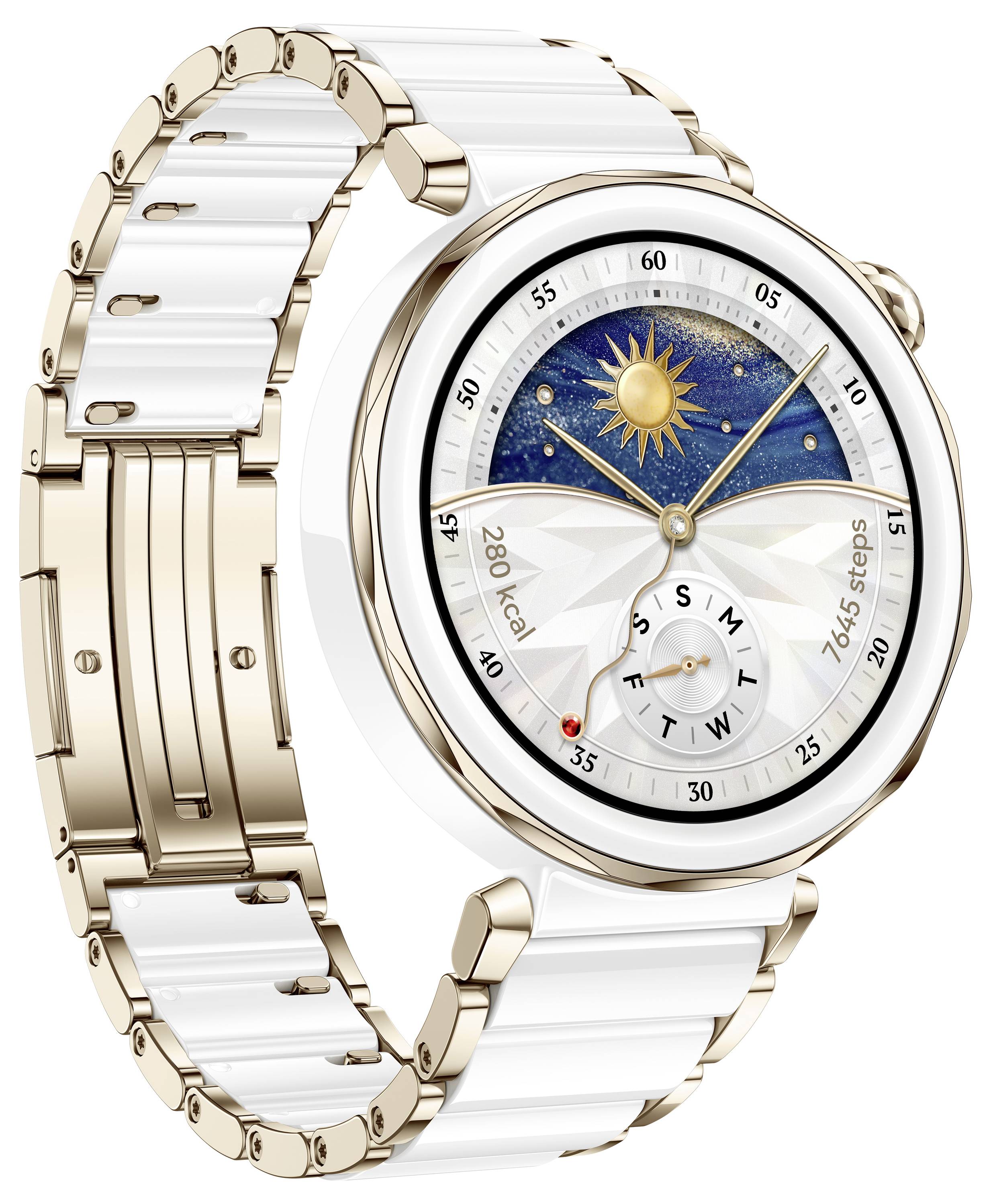 Eine elegante Smartwatch mit weißem Armband, goldenem Gehäuse und einem Zifferblatt, das eine Sonne und einen Kompass zeigt. Enthält Schritt- und Kalorienzähler.