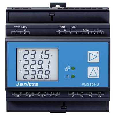 Ein digitales Messgerät zeigt Werte: 231,5 V, 229,1 V, 230,9 V auf einem Bildschirm. Oben sind Anschlussleisten und Tasten zu sehen.