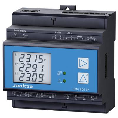 Elektronisches Messgerät mit digitalem Display zeigt Werte von 231,5 V, 229,1 V und 230,9 V. Herstellername 'Janitza', Modell 'UMG 806-LP'.