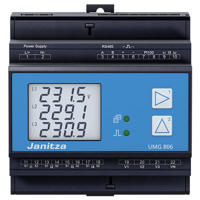 Ein digitales Strommessgerät mit blauer Anzeige zeigt Spannungswerte: L1 231,5V, L2 229,1V, L3 230,9V. Marke 'Janitza', Modell UMG 806.