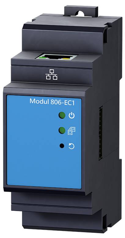 Ein schwarzes elektrisches Modul mit der Aufschrift 'Modul 806-EC1'. Drei Kontrollleuchten sind sichtbar: Grün, Blau und Weiß.
