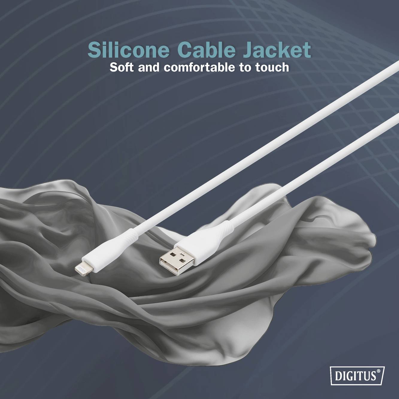 Eine weiße USB-Kabelhülle liegt auf grauem Stoff, mit dem Text 'Silicone Cable Jacket. Soft and comfortable to touch'.