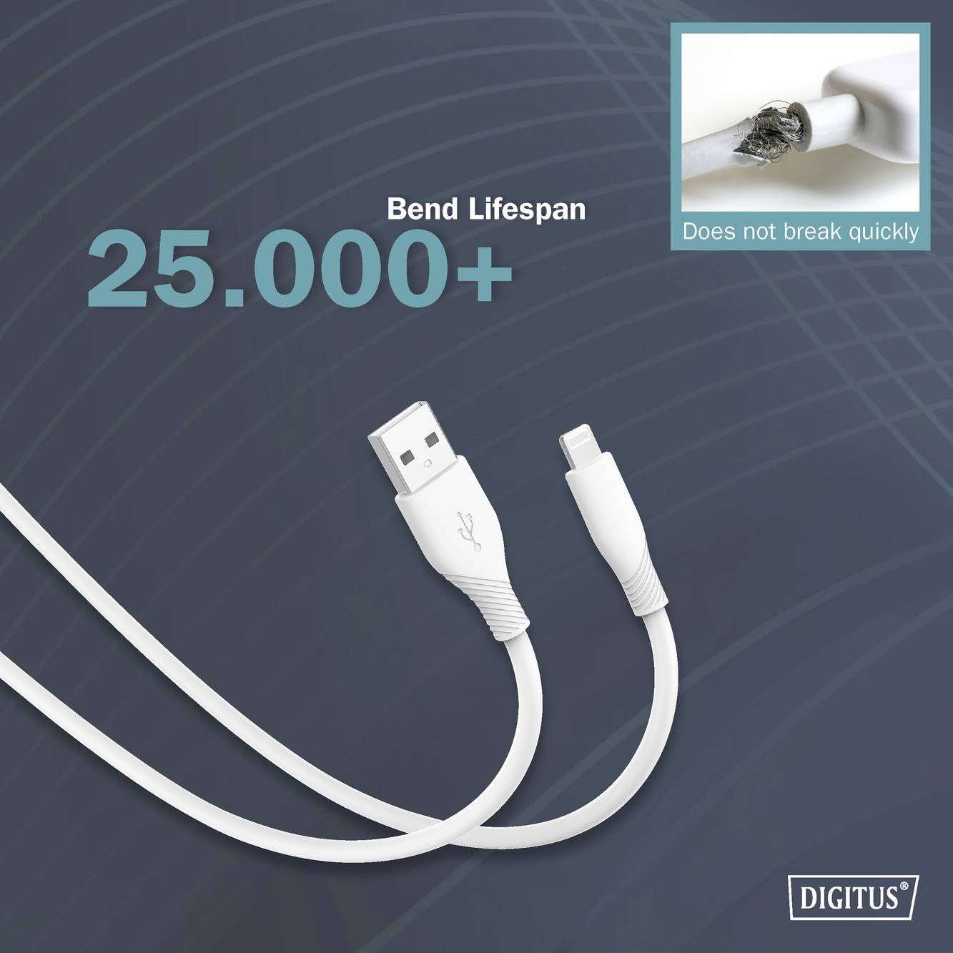 'USB-Kabel mit hoher Biegelebensdauer von über 25.000. Verstärkter Anschluss. Text: 'Does not break quickly'. Marke: Digitus.'