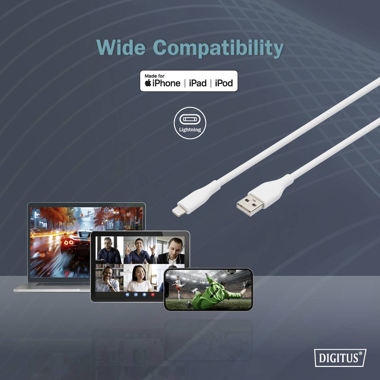 USB-Kabel kompatibel mit iPhone, iPad, iPod. Zeigt Geräte wie Laptop, Tablet und Smartphone mit der Aufschrift 'Wide Compatibility'.