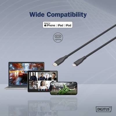 Ein Bild mit dem Text 'Wide Compatibility', zeigt elektronische Geräte wie Laptop, Tablet, Smartphone und einen Lightning-Kabelanschluss. Markenlogo 'Digitus' unten rechts.
