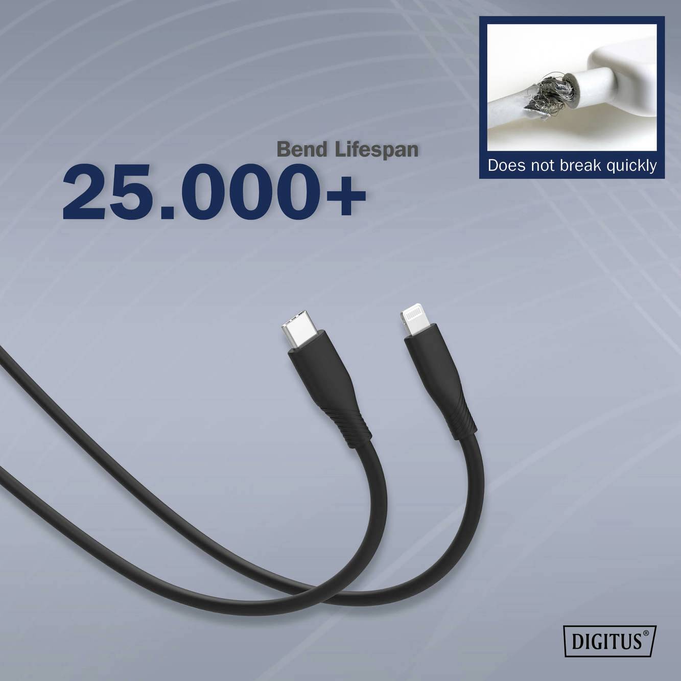 'USB-Kabel, robust gegen Brüche, mit über 25.000 Biegezyklen. Bild eines Kabels mit Nahaufnahme eines verstärkten Steckers.'