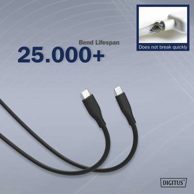 'USB-Kabel, robust gegen Brüche, mit über 25.000 Biegezyklen. Bild eines Kabels mit Nahaufnahme eines verstärkten Steckers.'