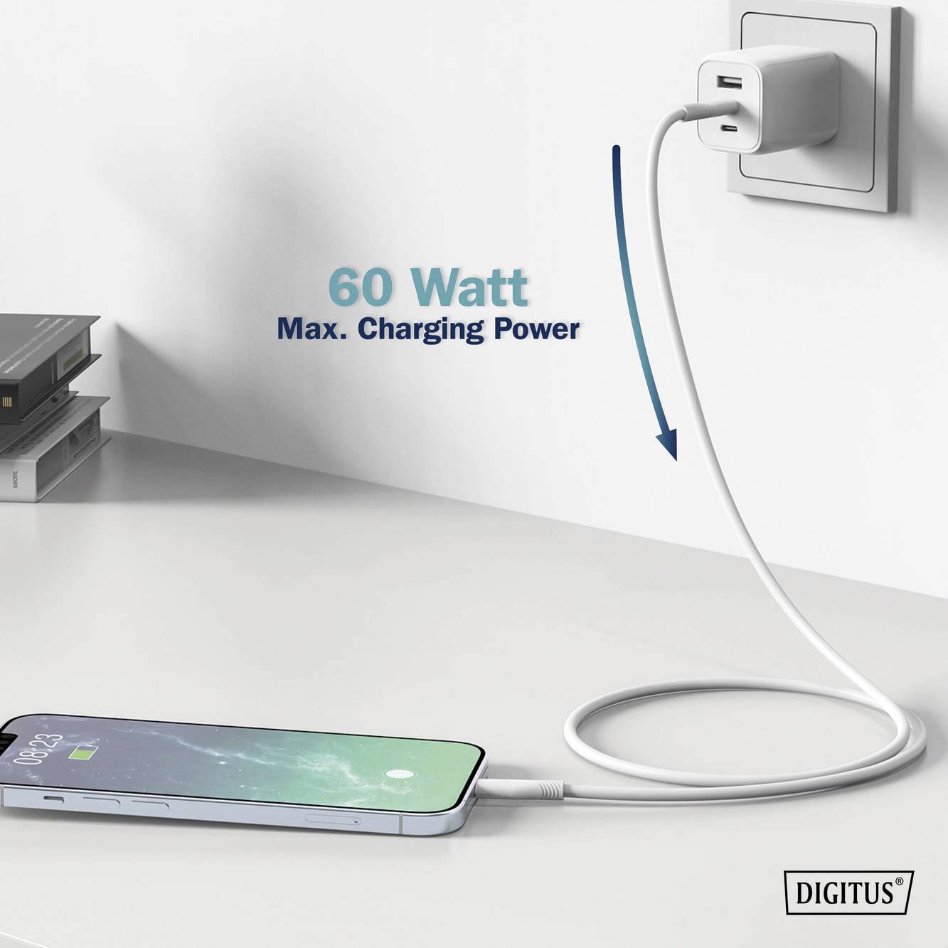 Ein Smartphone wird mit einem Kabel an einer Steckdose geladen. Ein Text zeigt '60 Watt Max. Charging Power' an.