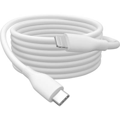 Ein weißes USB-C-Kabel, aufgerollt mit einem USB-C-Stecker und einem Lightning-Stecker, geeignet zum Laden und Datentransfer.
