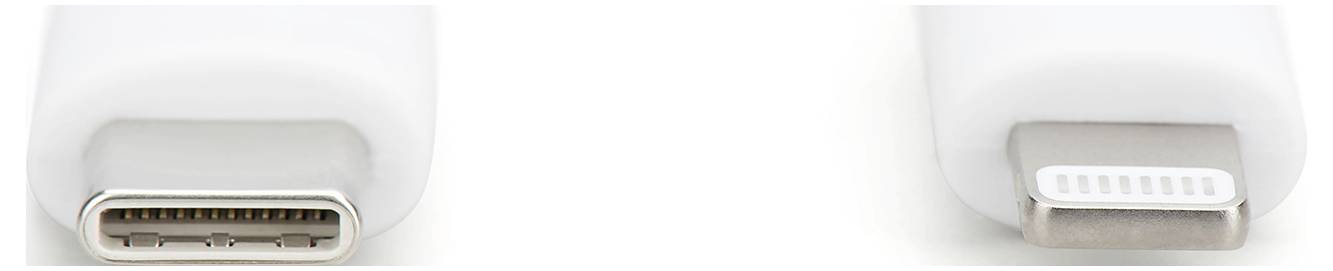 Zwei Nahaufnahmen von Steckverbindern: links ein USB-C-Stecker, rechts ein Lightning-Stecker, beide auf weißem Hintergrund.