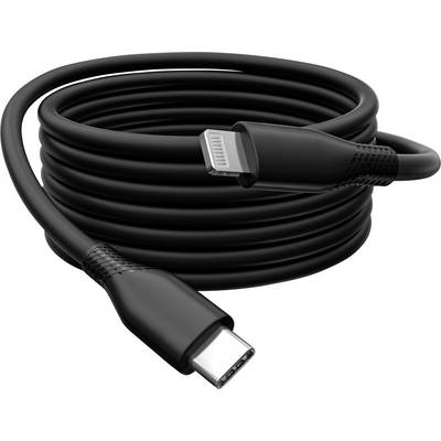 Ein schwarzes USB-C-auf-Lightning-Ladekabel, kompakt aufgerollt, beide Anschlüsse sichtbar.