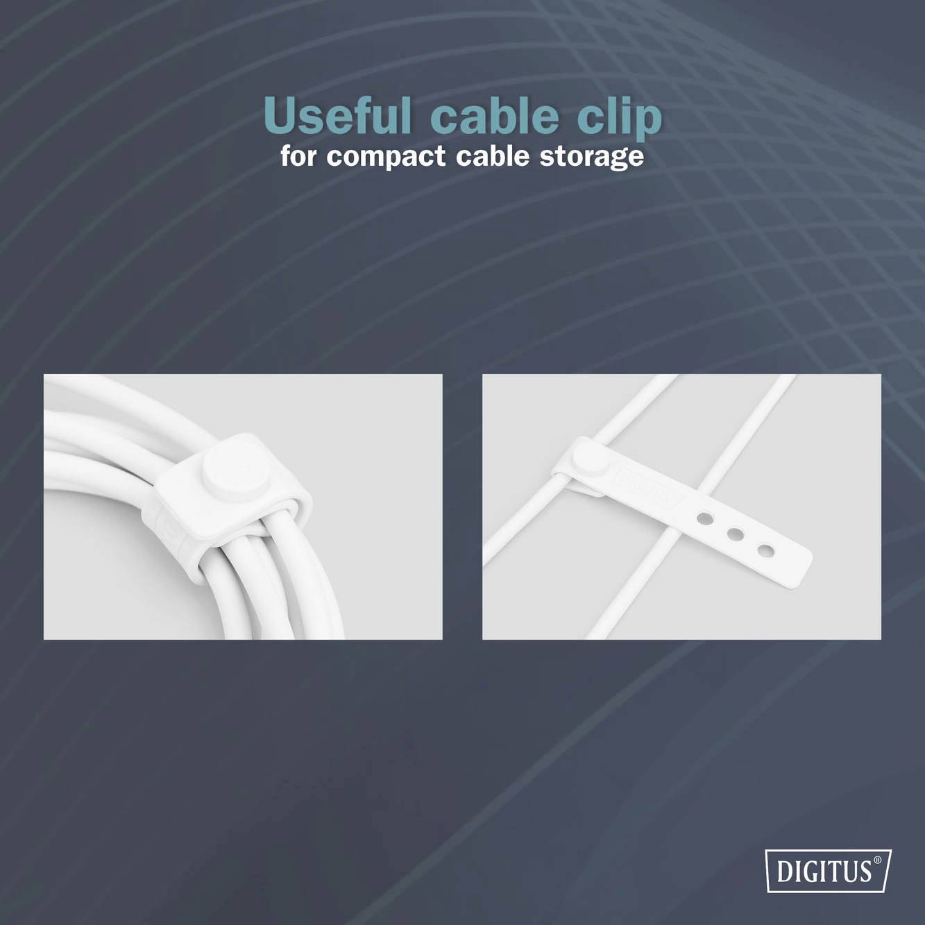 Zwei Kabelclips zum ordentlichen Verstauen von Kabeln. Links: quadratischer Clip um mehrere Kabel. Rechts: länglicher Clip mit Druckknopf.