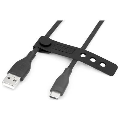 Schwarzer Kabelbinder mit Druckknopf hält USB- und USB-C-Kabel zusammen. Kabelorganisation wird erleichtert.
