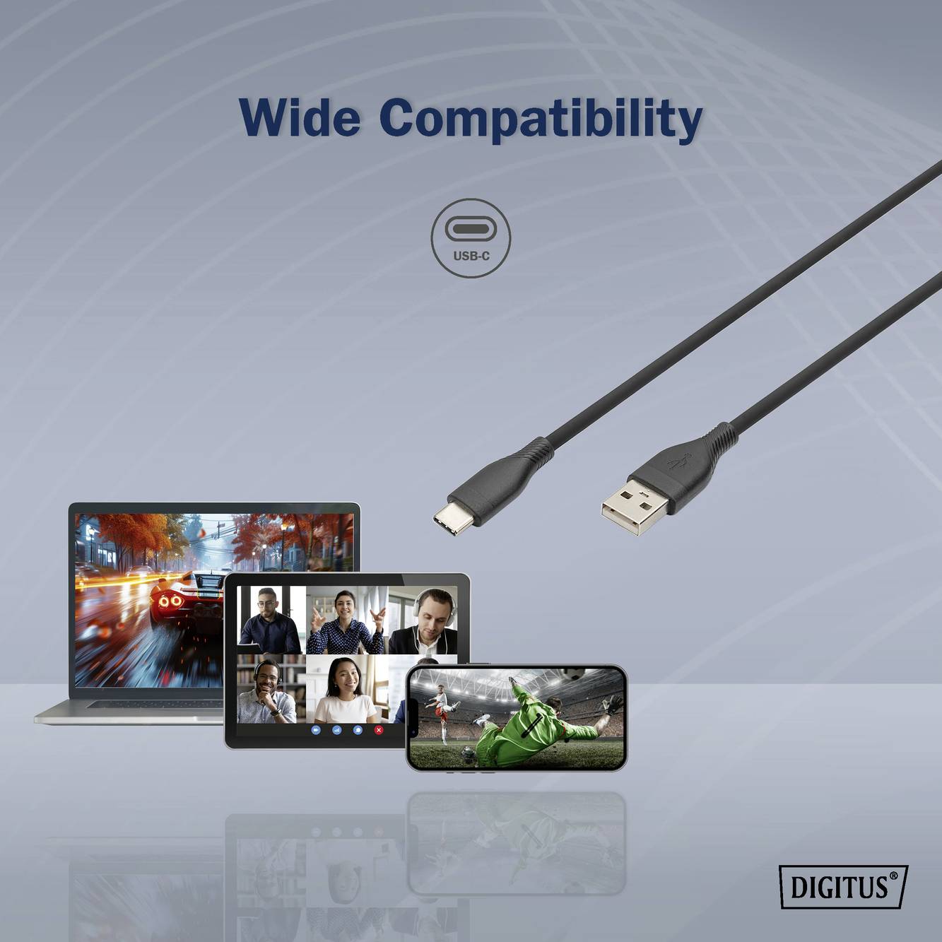 Ein USB-C-Kabel neben Laptop, Tablet und Smartphone zeigt 'Wide Compatibility' und diverse Nutzungsmöglichkeiten.