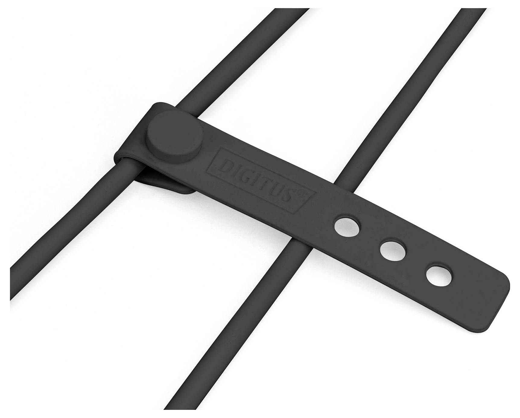 Ein schwarzes Kabelmanagementband aus Gummi mit Löchern hält zwei Kabel parallel zusammen.