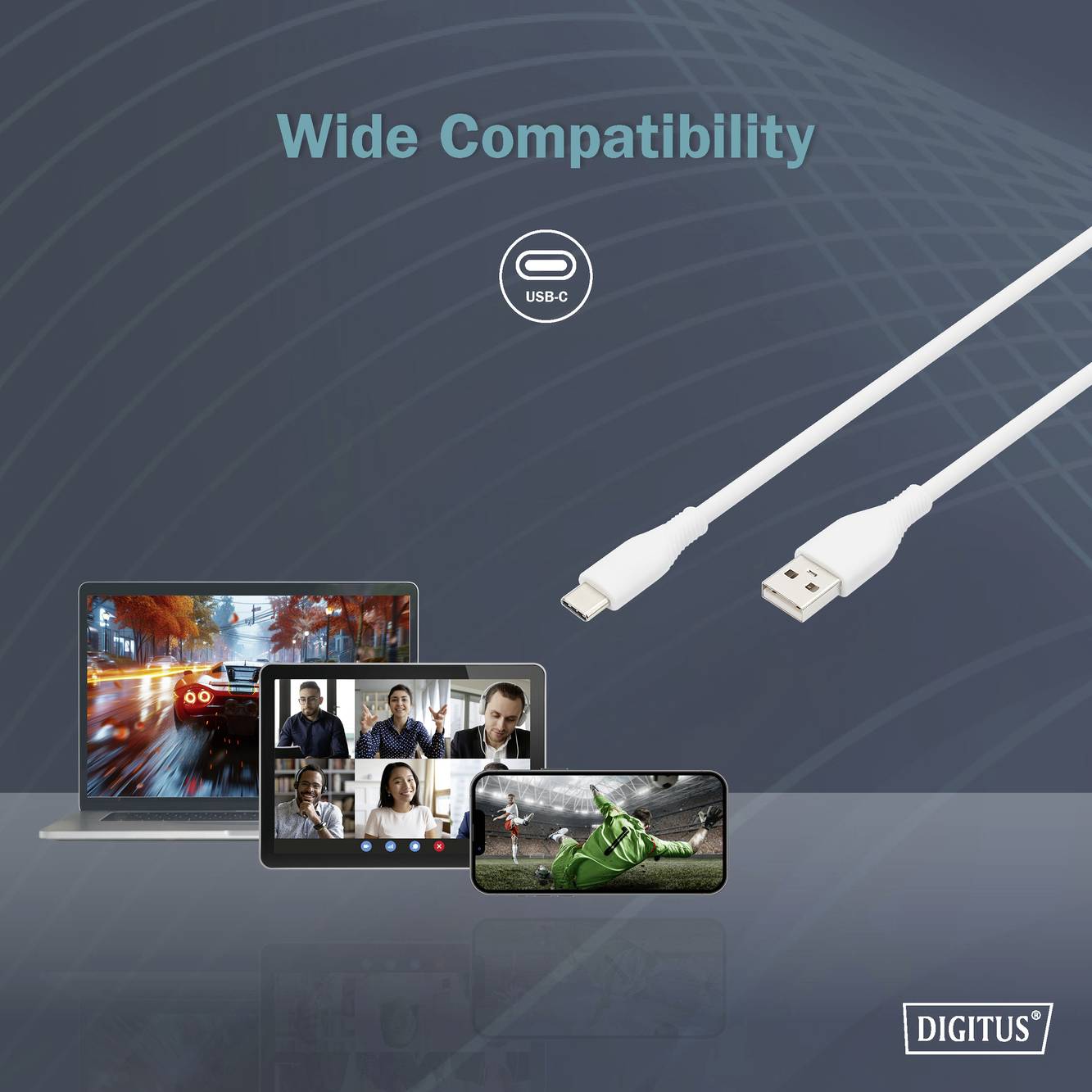 USB-C-Kabel verbindet mehrere Geräte: Laptop, Smartphone und Tablet. Text 'Wide Compatibility'. Markenlogo unten rechts.