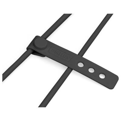 Ein schwarzer Kabelbinder fixiert zwei schwarze Kabel parallel.