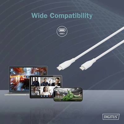 USB-C-Kabel mit zwei Steckern; Text 'Wide Compatibility'. Verbunden mit Laptop und Tablet, die Bilder von Videokonferenzen und Natur zeigen.