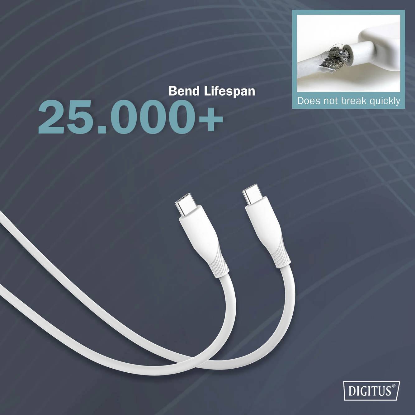 Ladekabel mit Biegelebensdauer von über 25.000+ Zyklen, bricht nicht schnell. Abbildung eines Kabels mit USB-C-Steckern.