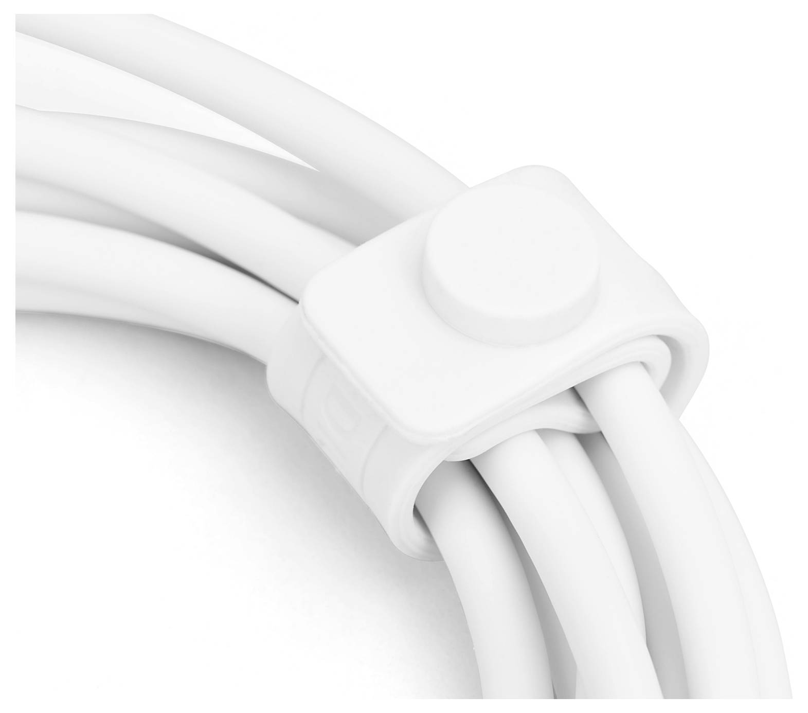Ein weißes Kabel ist ordentlich mit einem weißen Kabelbinder umwickelt.