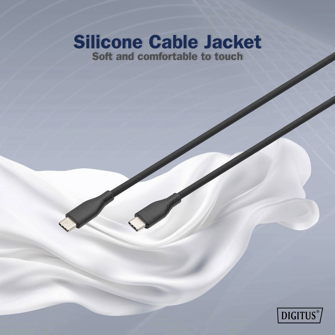 'Zwei USB-C-Kabel mit Silikonummantelung, dargestellt auf weißem, gewelltem Stoff. Text: Silikonummantelung, weich und bequem zu berühren.'