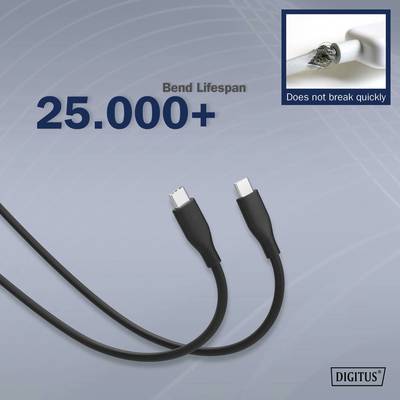 USB-C-Kabel mit 25.000+ Biegungen Lebensdauer. Ein kleines Bild im Eck zeigt, dass das Kabel widerstandsfähig gegen Bruch ist.