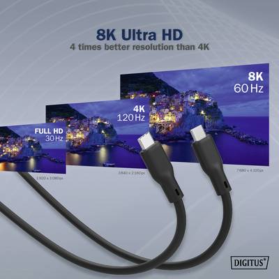 Digitus-Kabel unter Bildern mit unterschiedlichen Auflösungen: 'Full HD', '4K', '8K'. Text oben: '8K Ultra HD - 4 times better resolution than 4K'.