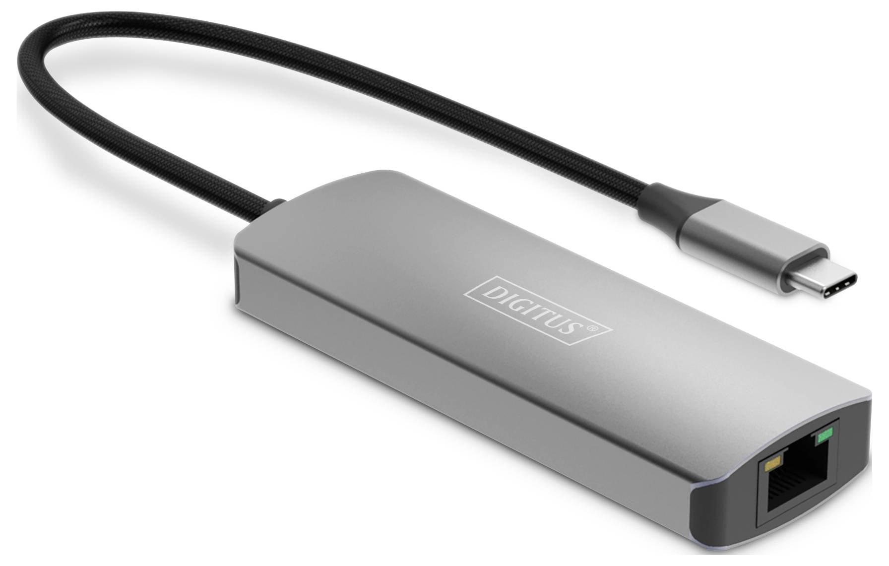 Ein silberner USB-C auf Ethernet-Adapter mit schwarzem Kabel und Ethernet-Anschluss für kabelgebundene Netzwerke.