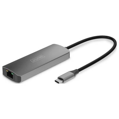 USB-C-auf-Ethernet-Adapter in Silber mit schwarzem Kabel, geeignet für die Verbindung eines Computers mit einem Netzwerk über Ethernet.