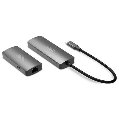 USB-C-Hub in Grau mit zwei Anschlüssen, darunter ein USB- und ein Ethernet-Port sowie ein USB-C-Kabel. Ideal für Laptops.