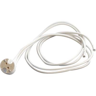 Ein weißes Keramiksockel- und Kabel-Set für Leuchtmittel, mit zwei langen angeschlossenen Drähten, auf einem neutralen Hintergrund.
